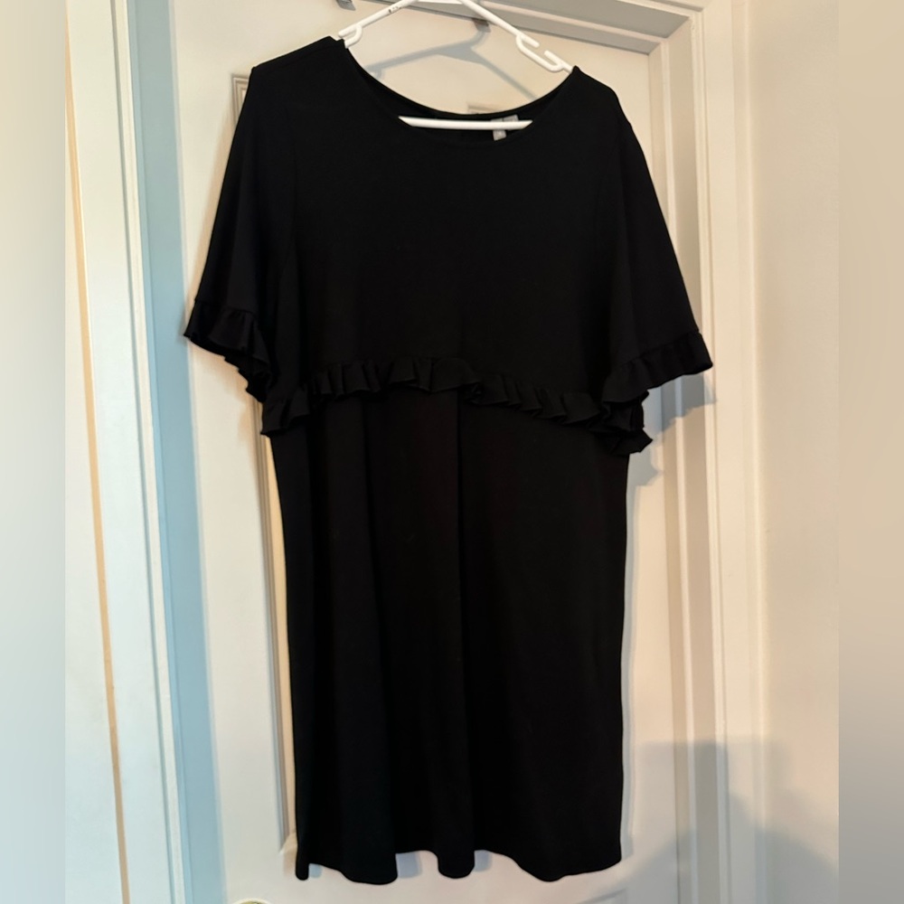ASOS- Blk MIDI Ruffle (maternity) dress; ruffle detail waist & button back US 12